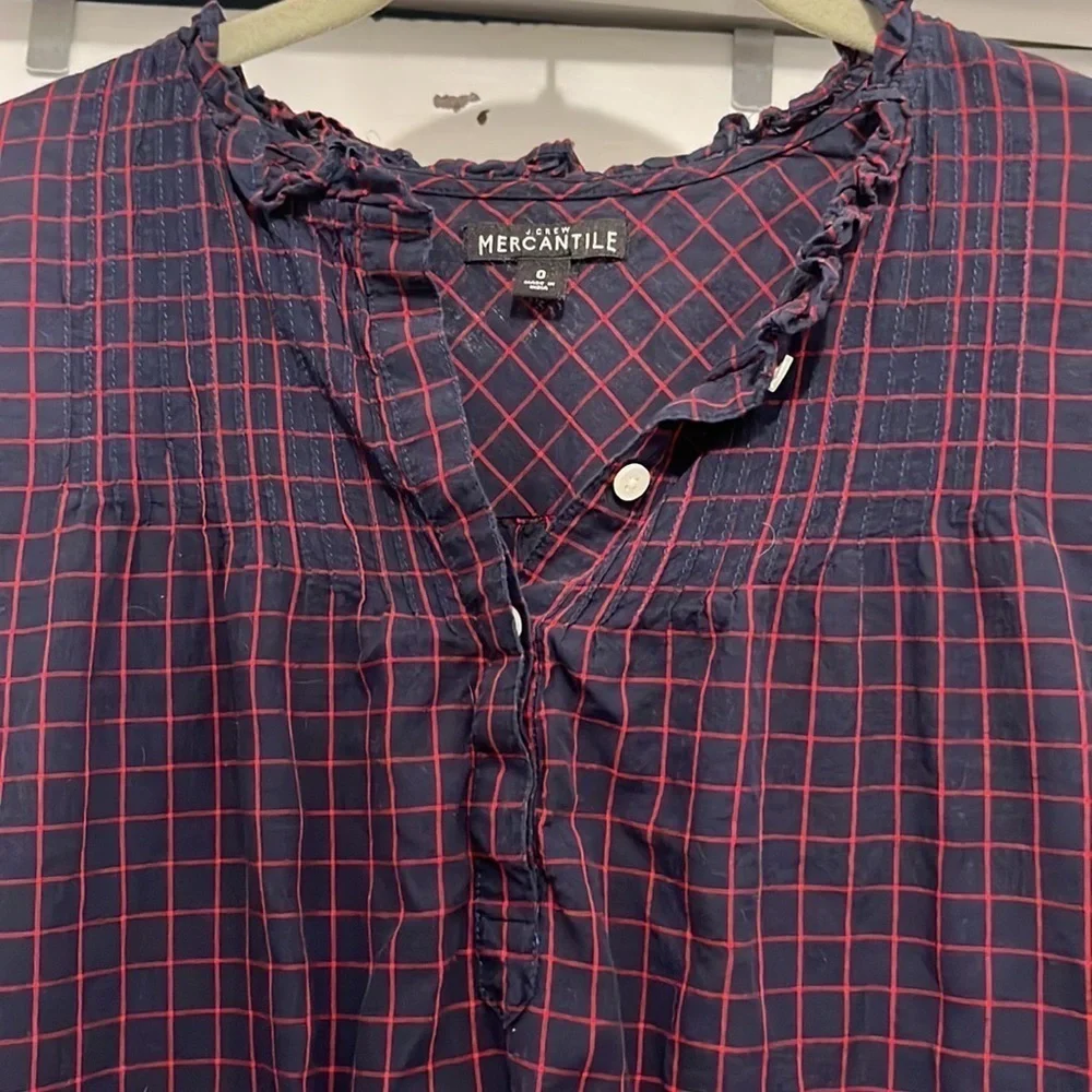 J crew mercantile womens window pain plaid ruffle blouse Size 0 blue and red